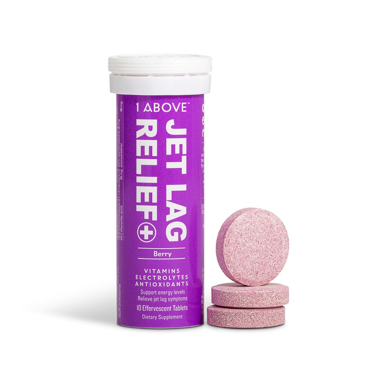 1Above Jet Lag Relief Berry 1 Tube with tablets on a white background