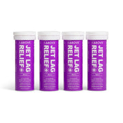 Four tubes of '1Above Jet Lag Relief Berry' on a white background