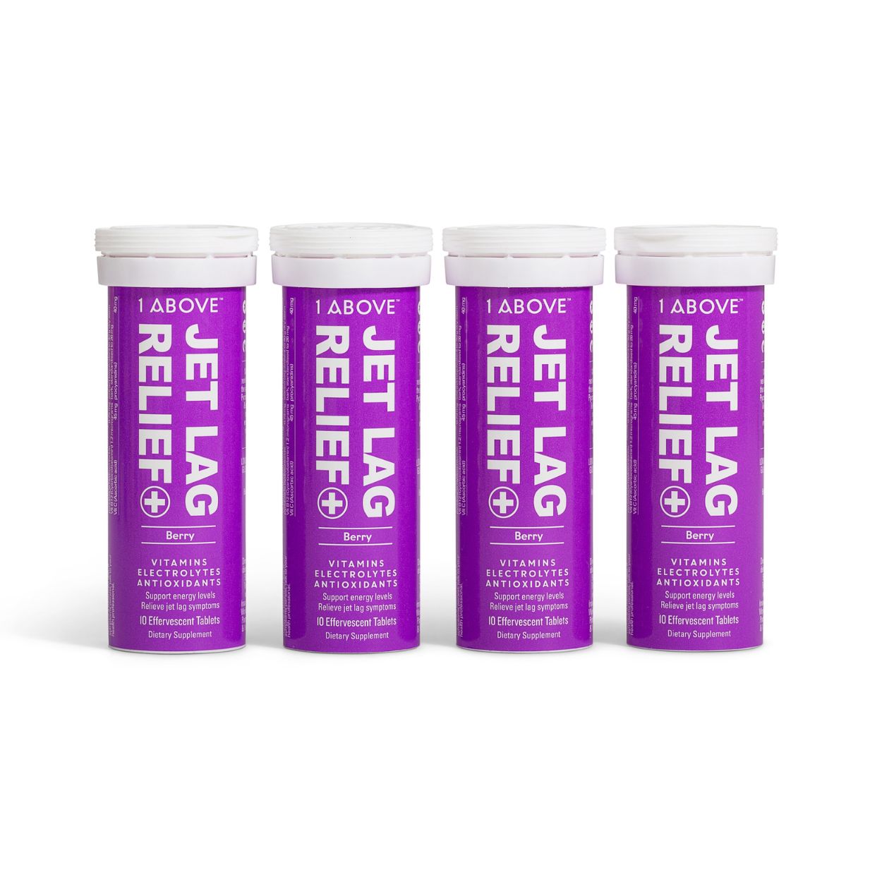 Four tubes of '1Above Jet Lag Relief Berry' on a white background